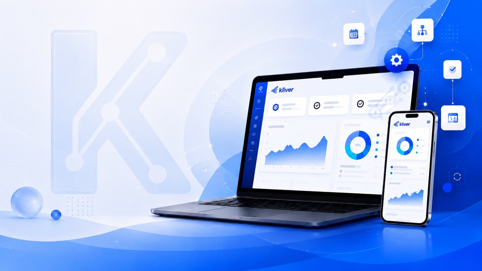 Painéis e dashboards da Kliver em notebook e celular