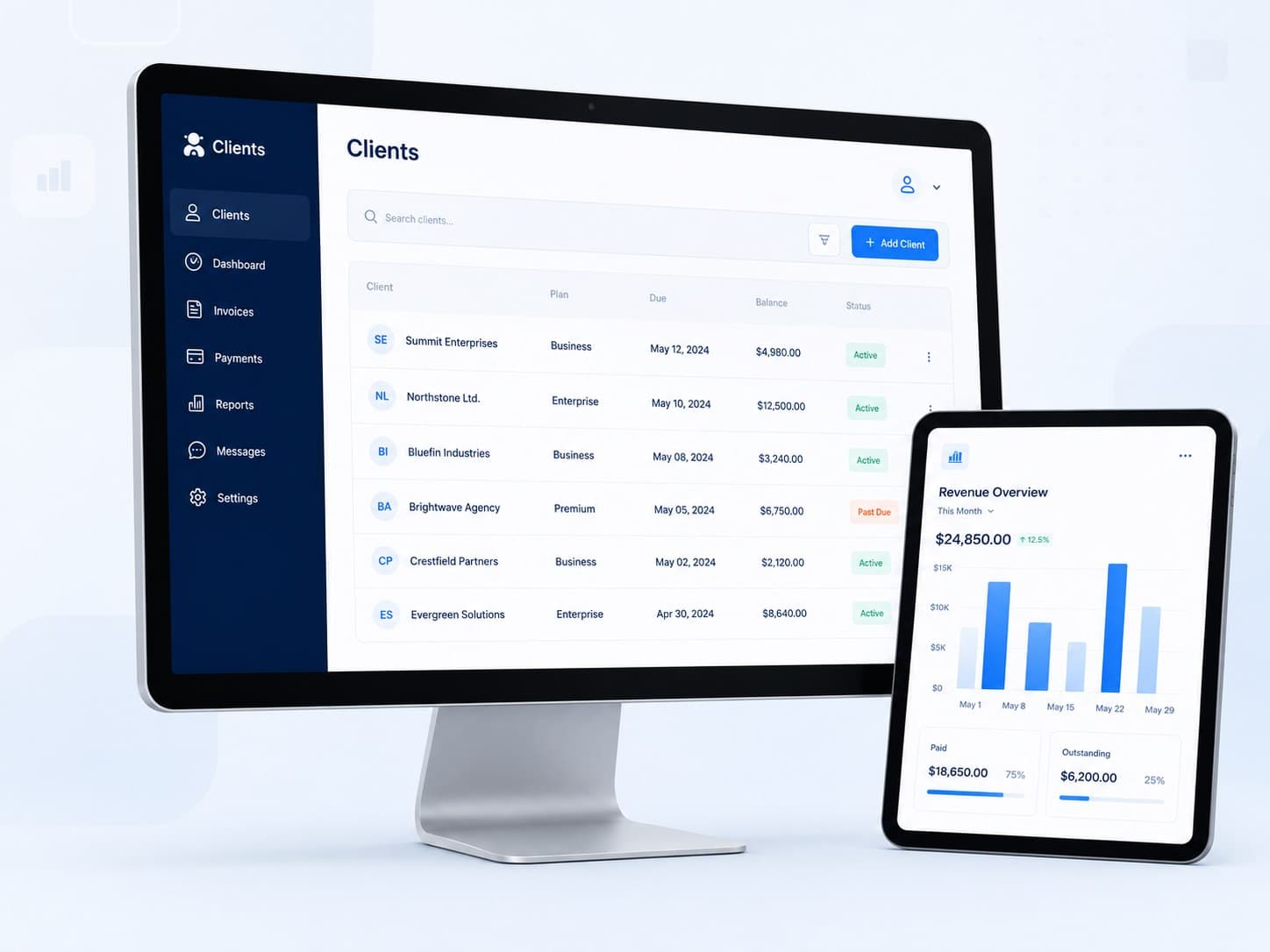 Painel administrativo da Kliver em monitor e tablet, com tabela de clientes e gráfico de receita